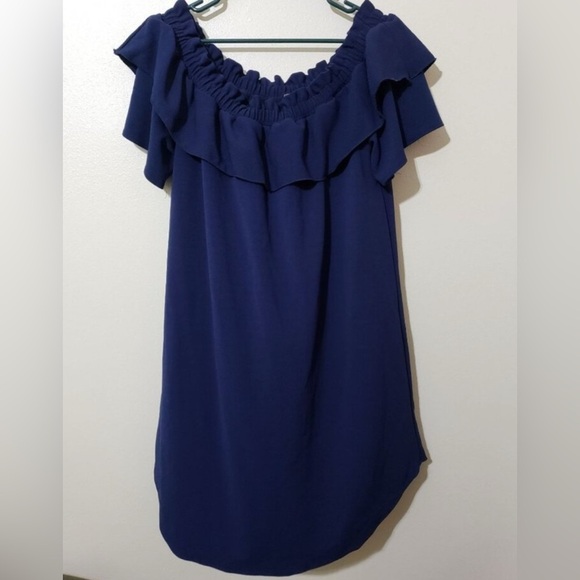 *Ashley Stewart Off-Shoulder Ruffle Dress Peacoat Blue 22/24 New With Tags - Picture 2 of 7